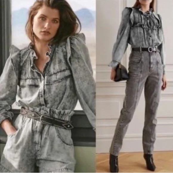 Isabel Etoile Marant Tie Dye Acid Wash Print Mock Neck Button up top - Picture 1 of 13